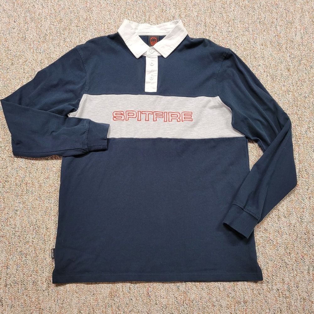 Spitfire Rugby Shirt Men Large Navy Blue Grey Embroidered Skate Streetwear